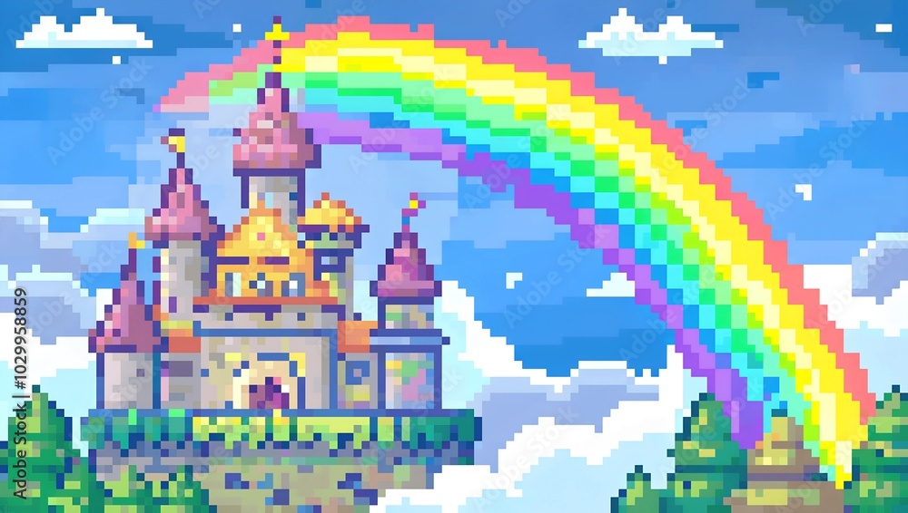 Naklejka premium Whimsical castle with rainbows and clouds pixel art background. 8-bit game assets