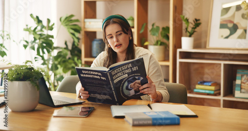 Student, reading and education with girl in home office for research assignment, college thesis and future. Book, knowledge and learning with person studying for university, school and project