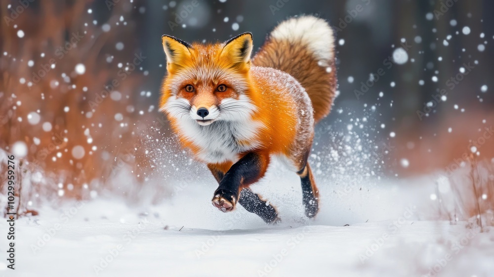 A red fox runs through a snowy forest, looking directly at the camera. A red fox runs through a snowy forest, looking directly at the camera.