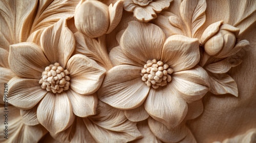Intricately Carved Wooden Flowers, Close-up, High-quality Photo for Decorative or Artistic Use Generative AI