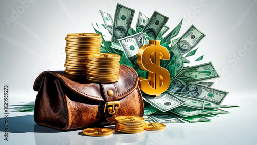 A colorful illustration featuring stacked gold coins, a green money bag with a dollar sign, and dollar bills behind. The design symbolizes wealth and financial prosperity on a white background.