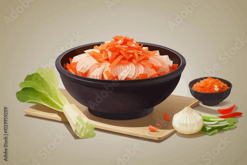 Kimchi is a traditional Korean side dish consisting of salted and fermented vegetables, most often napa cabbage or Korean radish illustration