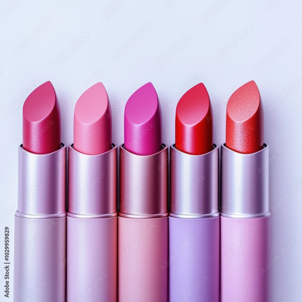 Lipsticks. A row of colorful lipsticks arranged in a gradient from light pink to dark red, on a clean white background.