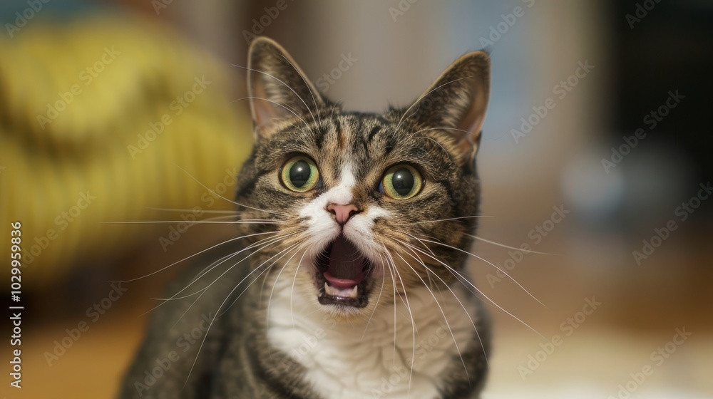 Surprised cat with wide eyes and open mouth in a domestic setting. Surprised cat with wide eyes and open mouth in a domestic setting.