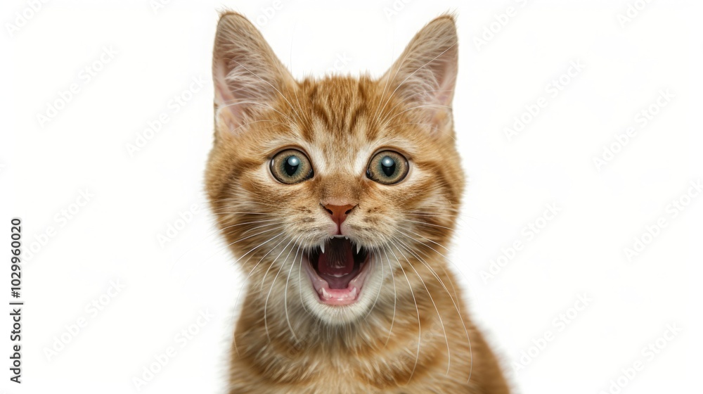 Obraz premium Adorable ginger kitten with surprised expression on clean white background. Cope space