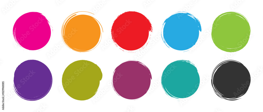 Grunge circle vector template set design element frames in different colors. Set of circle frames with paintbrush scratch textures, ink splashes, logo grunge style, colored circular elements. Grunge circle vector template set design element frames in different colors. Set of circle frames with paintbrush scratch textures, ink splashes, logo grunge style, colored circular elements.