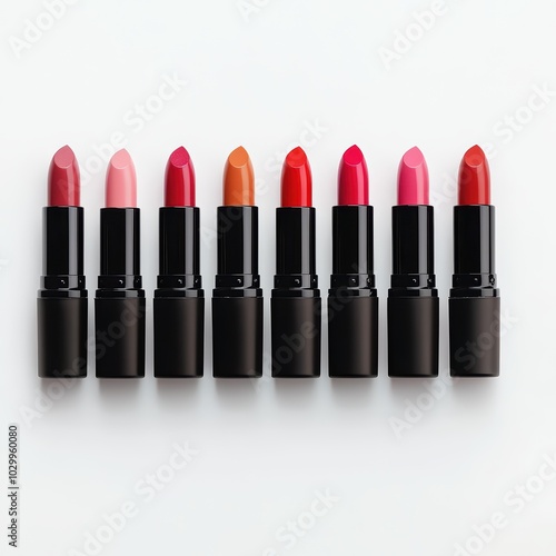 Lipsticks. A row of colorful lipsticks arranged in a gradient from light pink to dark red, on a clean white background.