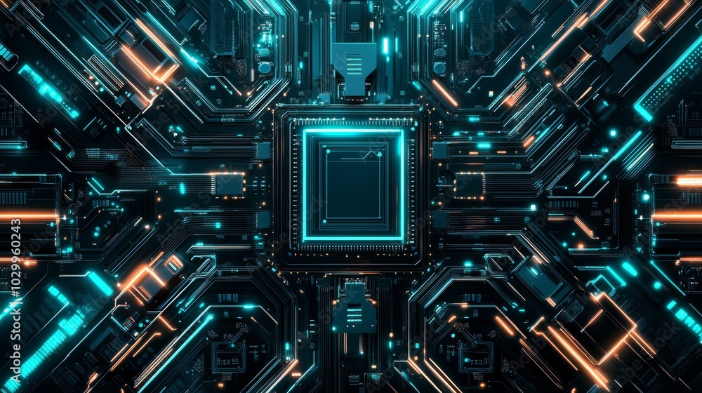 Fototapeta premium Futuristic Circuit Board Pattern with Microchips and Digital Lines for Technology and Innovation Concepts Generative AI