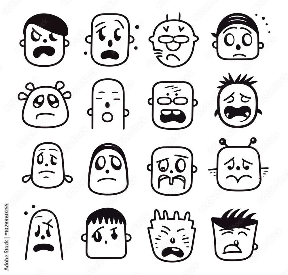 Vector illustration of various cartoon faces with different expressions. Great for character design, emojis, and playful projects. Generative AI.