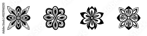 Elegant vector illustration of four black and white floral designs. Ideal for logos, patterns, and decorative art projects. Generative AI.