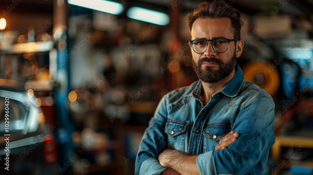 Portrait of a man with folded arms standing in an auto repair shop. Automotive and repair service concept. Portrait of a man with folded arms standing in an auto repair shop. Automotive and repair service concept.