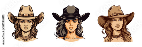 Vector illustration of three cowgirl heads wearing hats. Perfect for western, rodeo, or character designs. Generative AI.