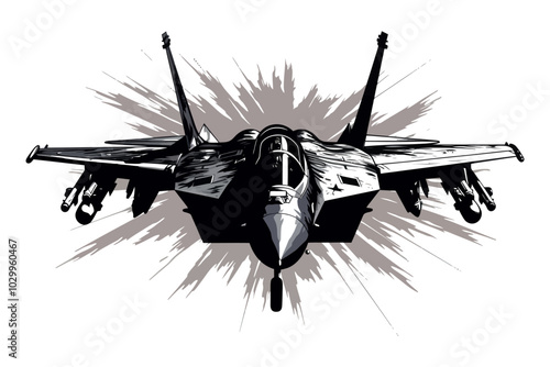 Vector illustration of a fighter jet from the front. Perfect for military, aviation, or action-themed designs. Generative AI.