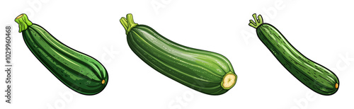 Vector illustration of three fresh zucchinis. Ideal for food, agriculture, or healthy eating designs. Generative AI.