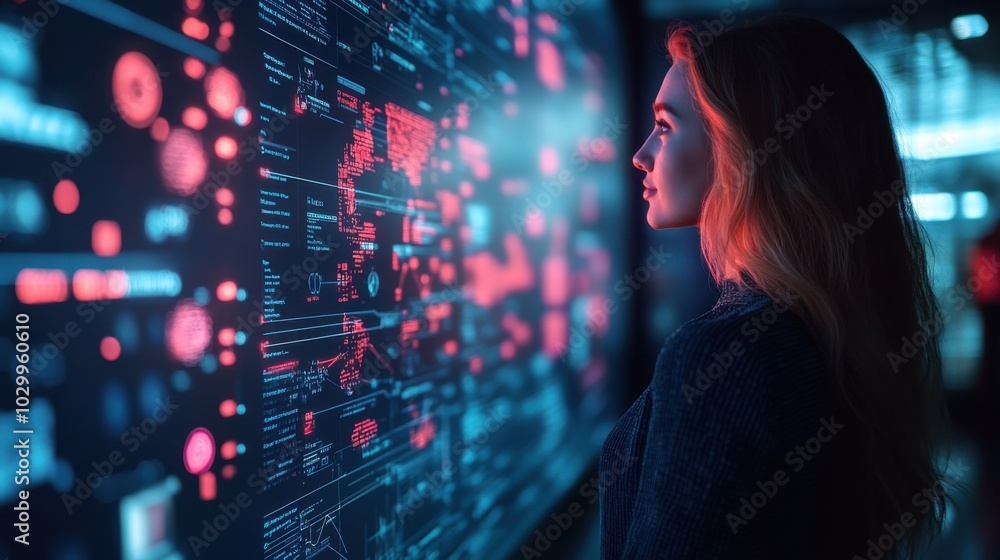 Woman interacting with digital information display Woman interacting with digital information display
