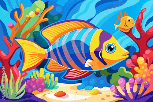 Colorful Tropical Fish and Coral Reef Vector on White Background