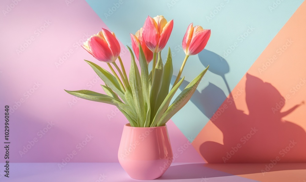 Still life of Spring tulip flowers on colorful background and shapes Still life of Spring tulip flowers on colorful background and shapes