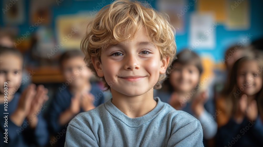 Smiling Confident Child Surrounded by Peers in Classroom Setting for Educational Success Smiling Confident Child Surrounded by Peers in Classroom Setting for Educational Success