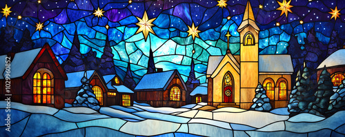 Christmas-themed stained glass masterpiece of a snow-laden church in a peaceful village