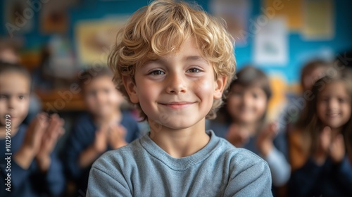 Smiling Confident Child Surrounded by Peers in Classroom Setting for Educational Success