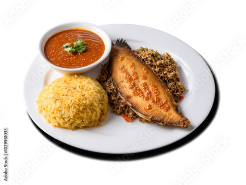 Kenkey and Fish Ghanaian breakfast of kenkey and fried fish served with side of spicy photo