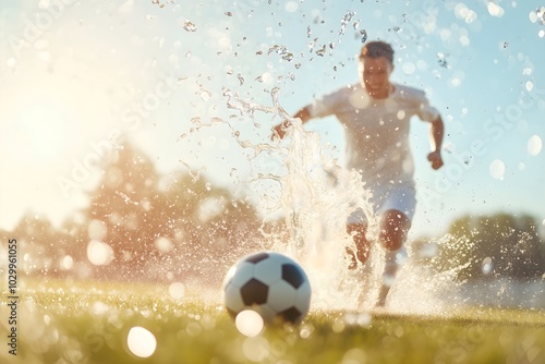 soccer player running toward a wet soccer ball on a green grass. Soccer ball on green grass field in sport stadium. World championship cup. Football match bet. professional sport, hobby, leisure