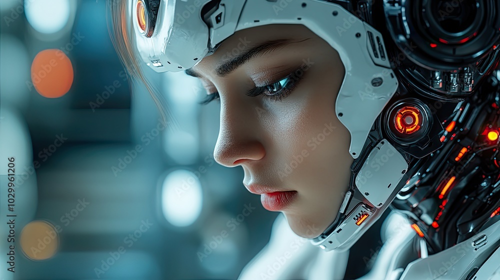 A robot woman, a female cyborg, embodies futuristic AI technology. A robot woman, a female cyborg, embodies futuristic AI technology.