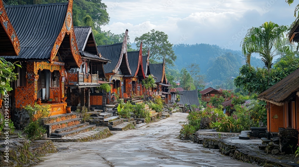 Obraz premium Toraja Traditional village street with wooden houses in an Asian countryside setting