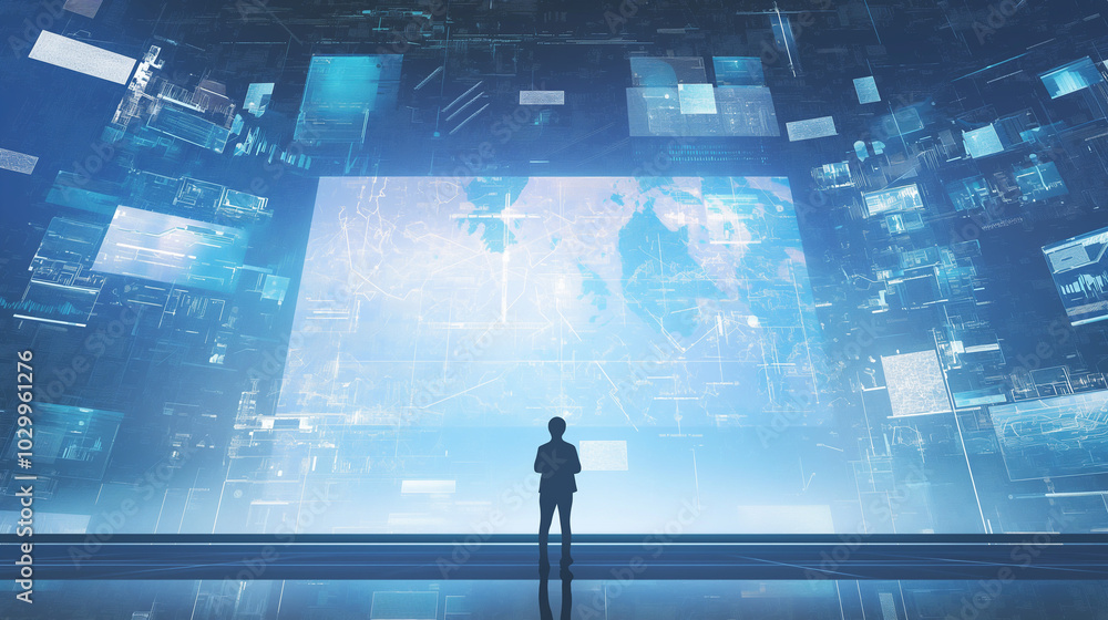 Fototapeta premium Anonymous hacker surrounded by a vibrant network of glowing data, symbolizing the intricate world of cybersecurity, cybercrime, and cyberattacks. The image captures the essence of digital threats and 