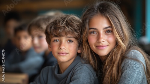 Smiling Teacher and Student Sitting Together in Classroom,