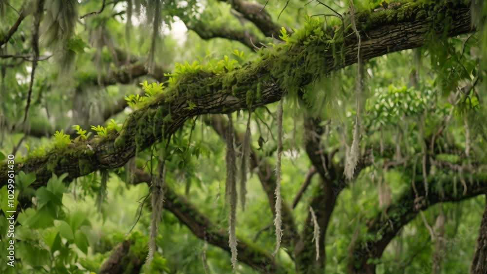 A close-up view of Spanish moss hanging from tree branches in a lush forest, Moss hanging like curtains from tree limbs A close-up view of Spanish moss hanging from tree branches in a lush forest, Moss hanging like curtains from tree limbs