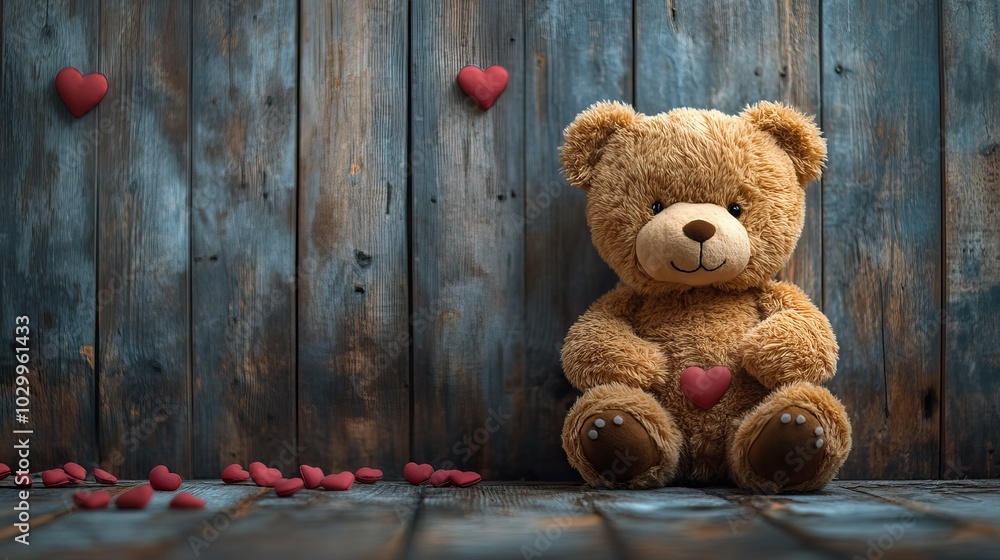 Obraz premium A romantic teddy bear with hearts on wood adorns a digital wallpaper.