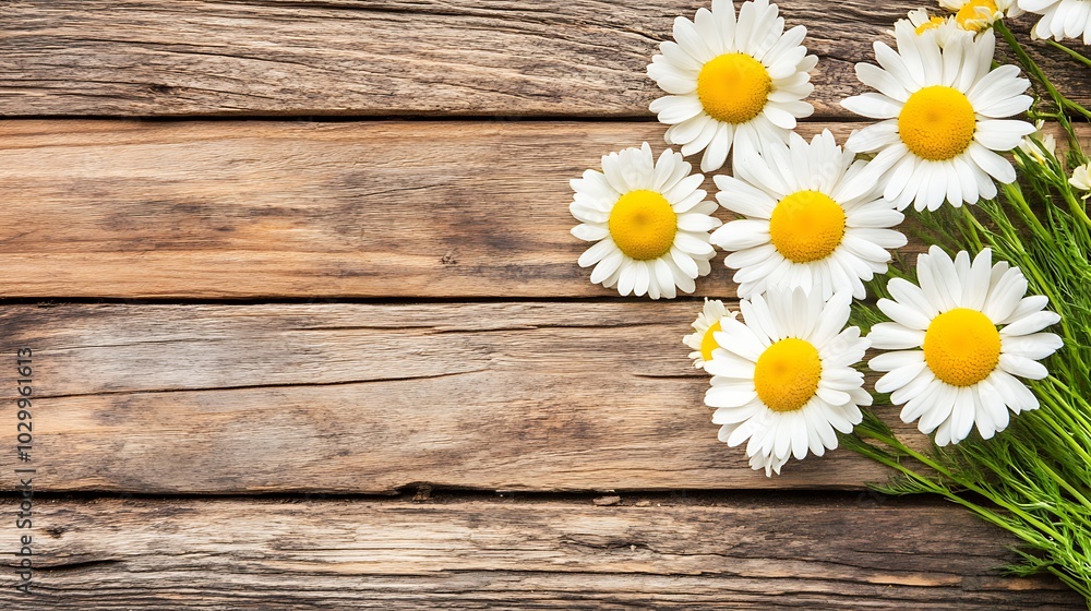 Obraz premium White Daisies on Rustic Wooden Background: Perfect for Greeting Cards, Invitations, and Floral Designs Soft Pastel Background for Graphic Design Templates