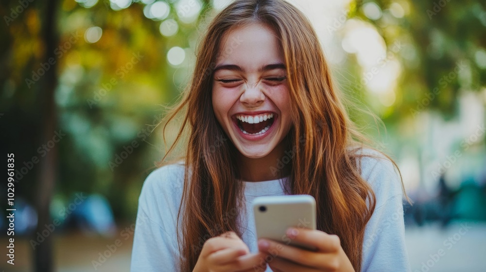 Teenage Girl Laughing at Her Phone, Carefree Moment Generative AI Teenage Girl Laughing at Her Phone, Carefree Moment Generative AI