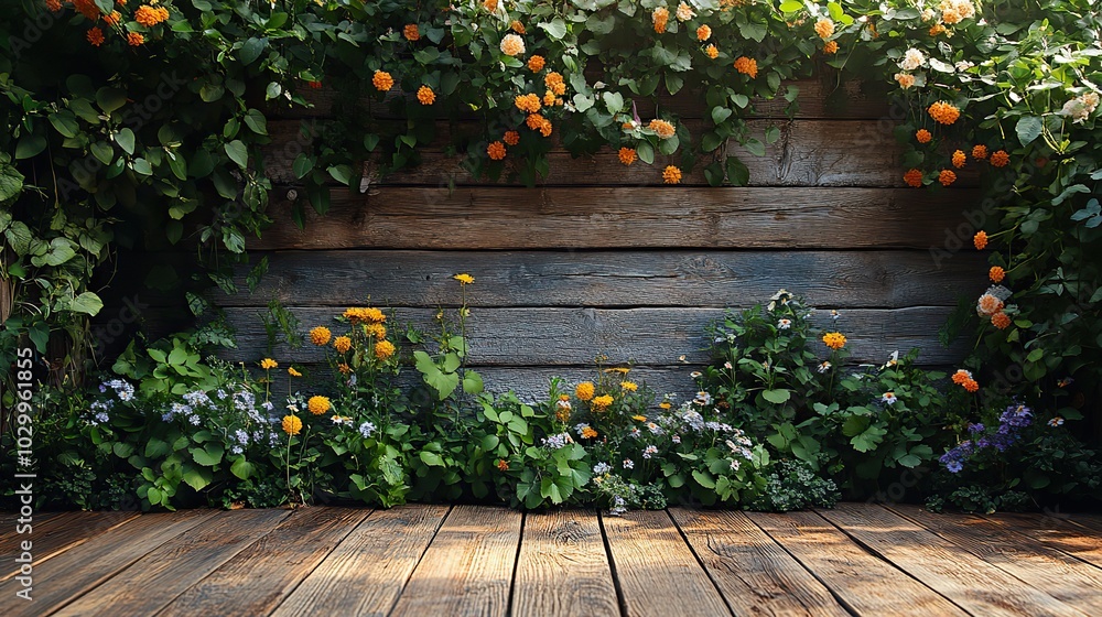 A rustic garden wall complements a wooden floor. A rustic garden wall complements a wooden floor.