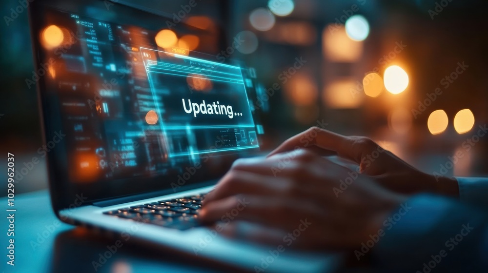 Person updating software on a laptop in a dimly lit room with blurred lights in the background during evening hours Person updating software on a laptop in a dimly lit room with blurred lights in the background during evening hours