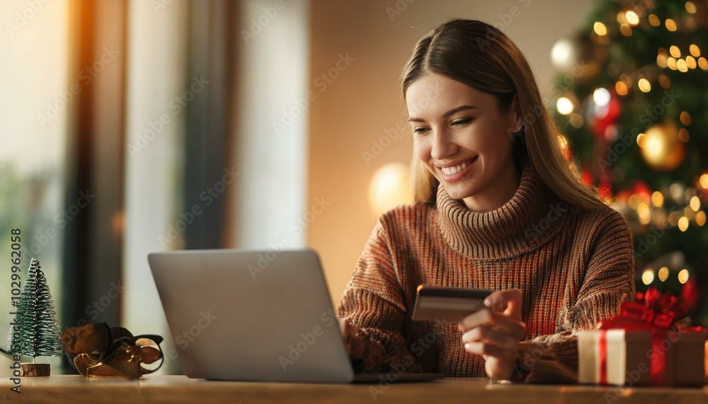 Fototapeta premium Christmas season, a woman in a cozy festive sweater is joyfully using her laptop and credit card to browse online for holiday gifts