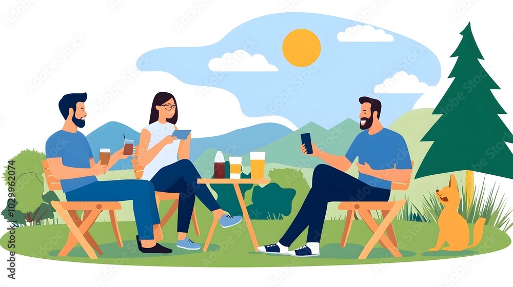 Fototapeta premium Outdoor social gathering with individuals chatting and enjoying a sunny day together offering space for text Showcasing the essence of relaxation community