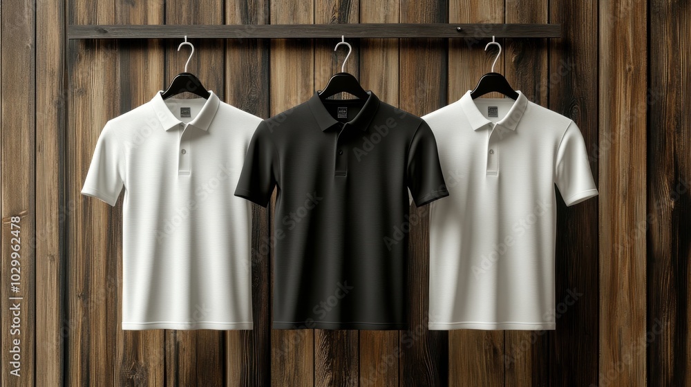 Mock-up. Three polo shirts hanging on wooden hangers in a warm, rustic setting, showcasing a selection of colors and styles Mock-up. Three polo shirts hanging on wooden hangers in a warm, rustic setting, showcasing a selection of colors and styles