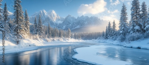 A winding river flows through a snowy forest, with snow-capped mountains in the background and a blue sky above.