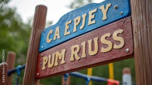 Close-up of a wooden sign with the words 'Ca Epjey' and 'Pum Riuss' on it.