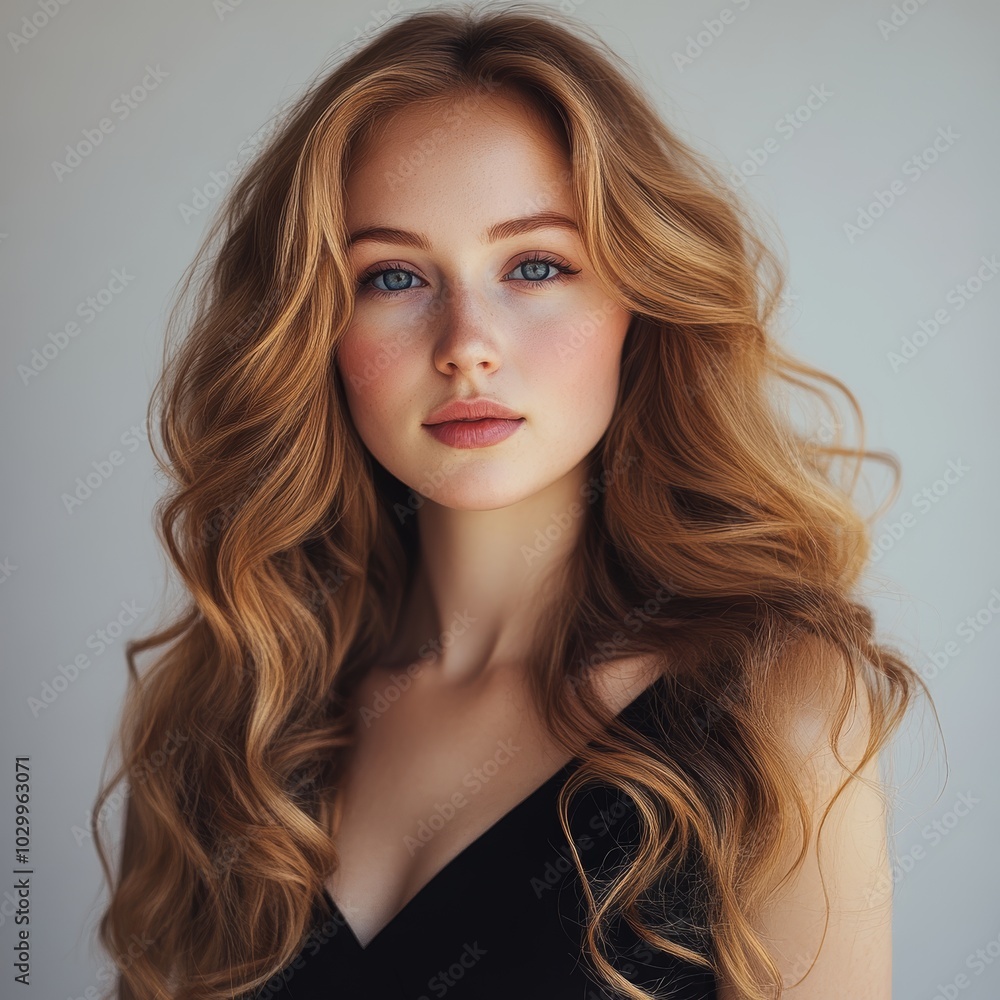 Fototapeta premium Portrait of a Beautiful Woman with Curly Hair in Black Dress, Fashion and Beauty Concept Generative AI