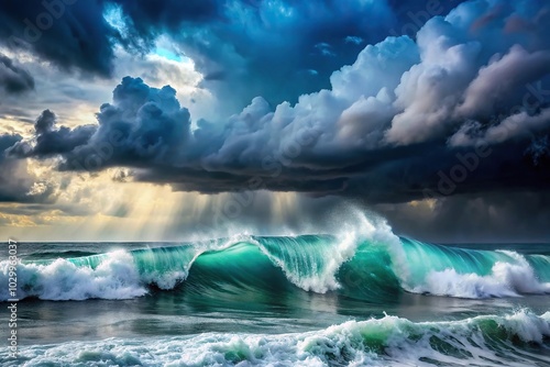 stormy sea waves with rain and clouds