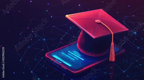 Get a certificate online using your smartphone. This banner shows a modern, 3D graduation cap, representing online courses and degree programs.low poly wireframe. photo