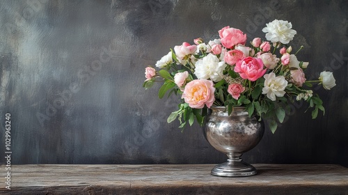 Wallpaper Mural Vintage Silver Vase with Fresh Flowers on Rustic Wooden Table - Home Decor Inspiration Generative AI Torontodigital.ca