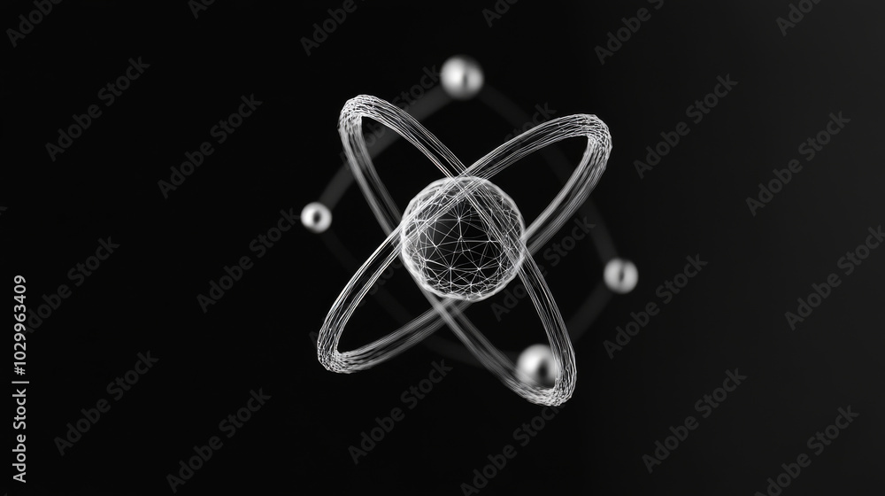This image shows a 3D model of an atom, representing the science of ...