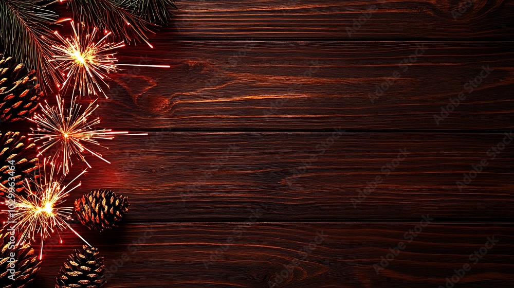Sparkling Christmas Decoration with Pine Cones on Rustic Wooden Background Minimalist White Background with Space for Text Sparkling Christmas Decoration with Pine Cones on Rustic Wooden Background Minimalist White Background with Space for Text