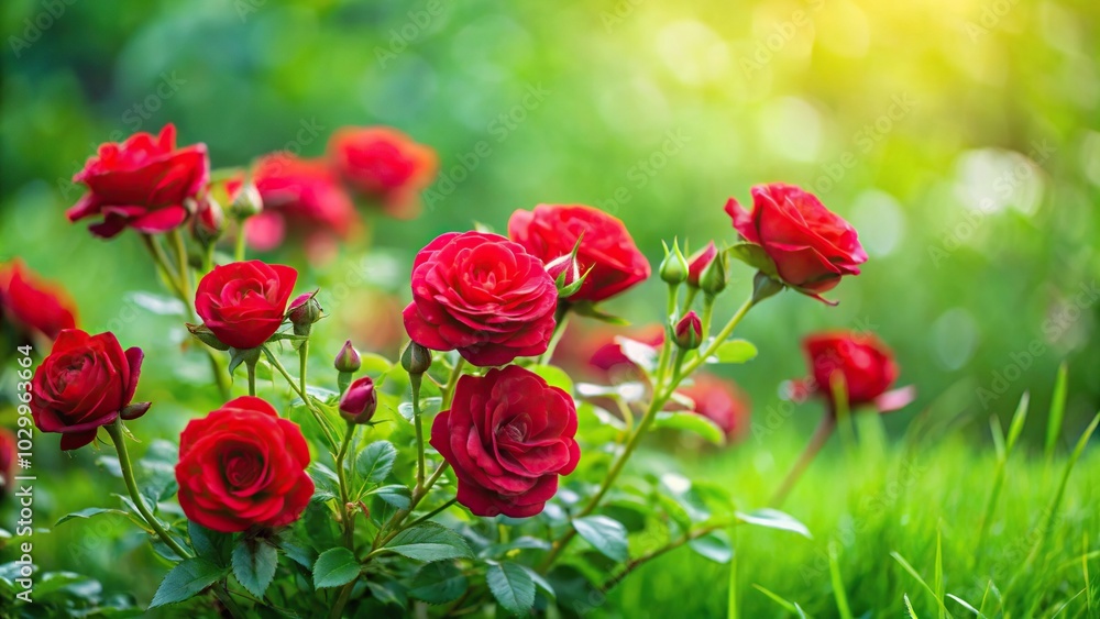 Small red roses on green grass in summer Small red roses on green grass in summer