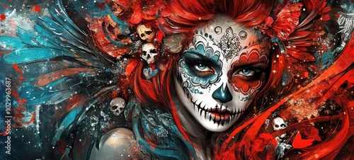 Fototapeta samoprzylepna A vibrant artistically painted female figure celebrating Día de los Muertos with intricate makeup, floral accents, and vivid colors