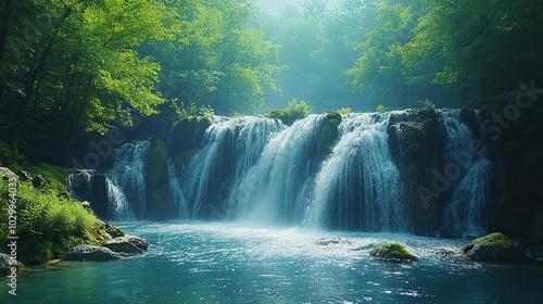 A serene waterfall cascades through a lush forest.